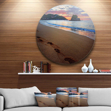Trodden Sand on Ocean Beach - Sea & Shore Circle Metal Wall Decor